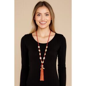 MIA Collection Cowrie Shell Tassel Long Necklace Red Cord Adjustable Boho Women